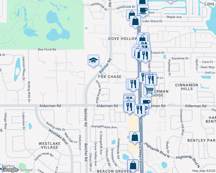 map of restaurants, bars, coffee shops, grocery stores, and more near 2303 Bancroft Circle North in Palm Harbor
