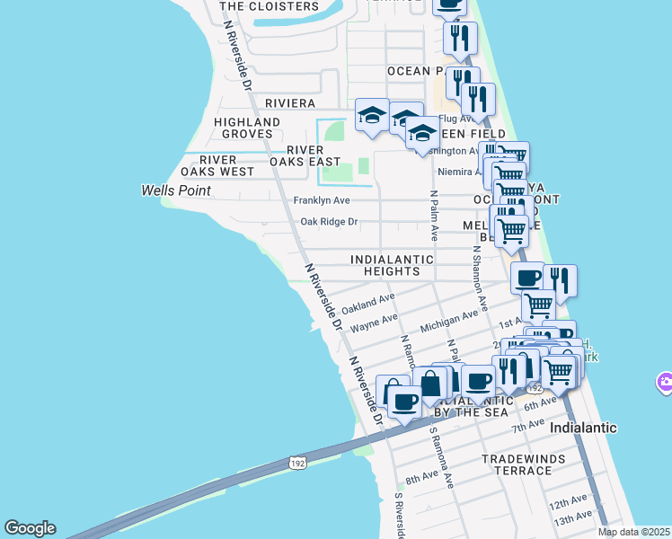 map of restaurants, bars, coffee shops, grocery stores, and more near 575 Bahama Drive in Indialantic