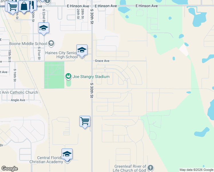 map of restaurants, bars, coffee shops, grocery stores, and more near 3234 Robinson Drive in Haines City