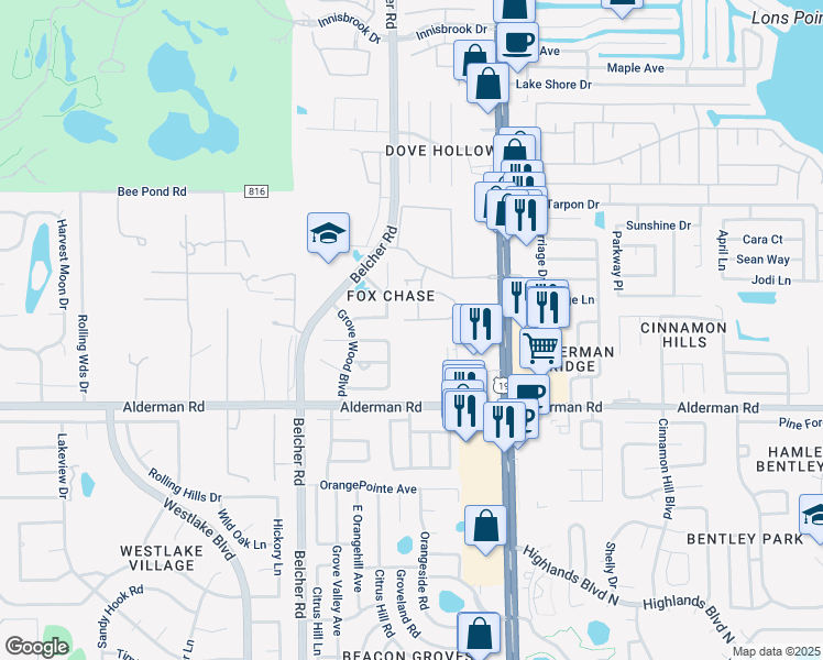 map of restaurants, bars, coffee shops, grocery stores, and more near 2368 Tallyho Lane in Palm Harbor