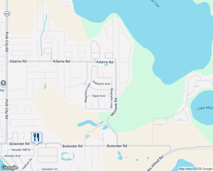 map of restaurants, bars, coffee shops, grocery stores, and more near 423 Palastro Avenue in Auburndale