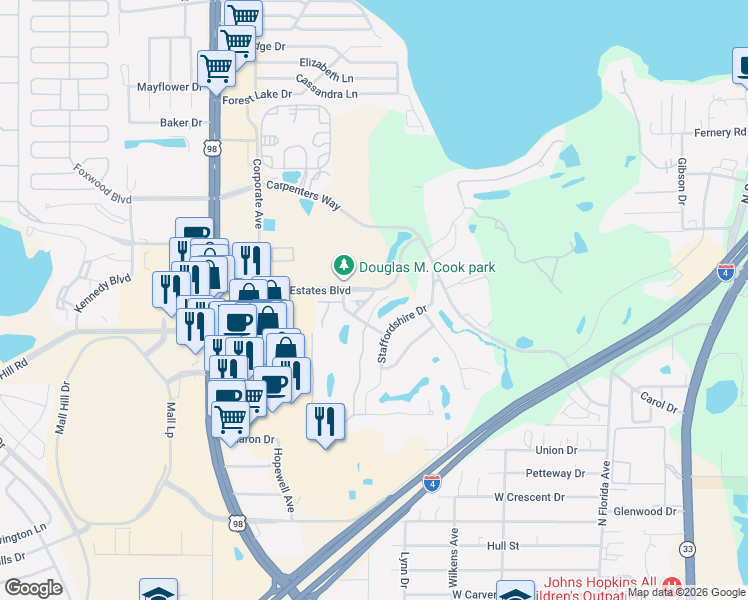 map of restaurants, bars, coffee shops, grocery stores, and more near 925 Fenton Lane in Lakeland