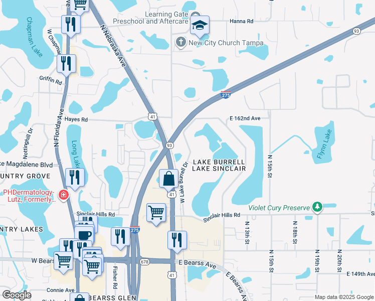 map of restaurants, bars, coffee shops, grocery stores, and more near 16106 West Lake Burrell Drive in Lutz