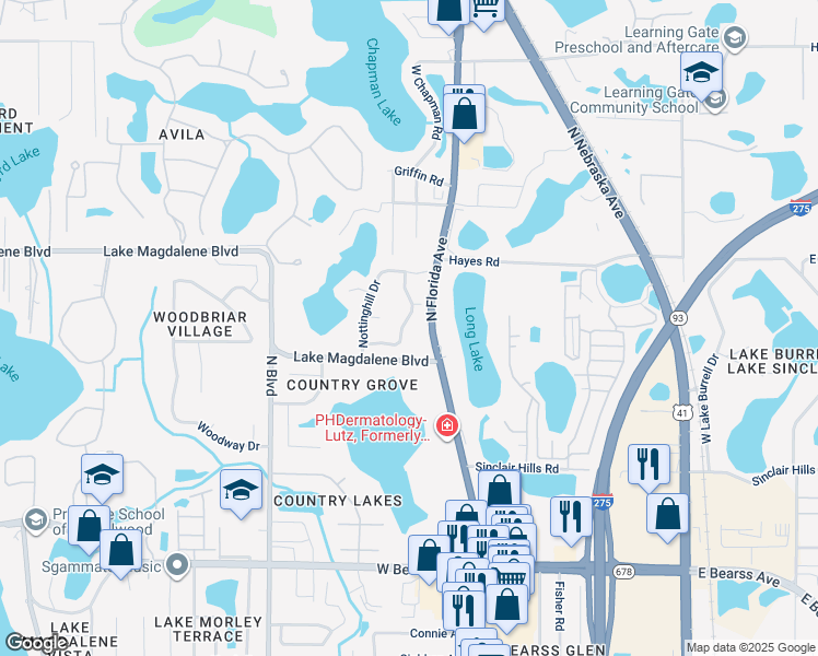 map of restaurants, bars, coffee shops, grocery stores, and more near 15915 Dover Cliffe Drive in Lutz