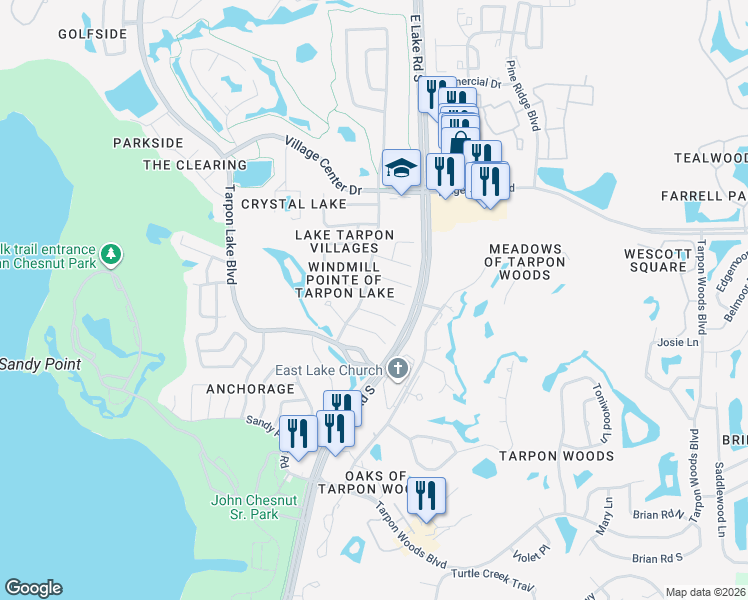 map of restaurants, bars, coffee shops, grocery stores, and more near 2728 Wendover Terrace in Palm Harbor