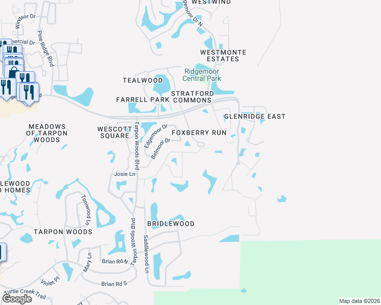 map of restaurants, bars, coffee shops, grocery stores, and more near 5612 Oakridge Drive in Palm Harbor