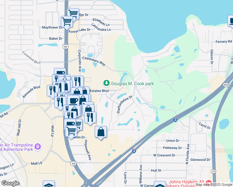 map of restaurants, bars, coffee shops, grocery stores, and more near in Lakeland