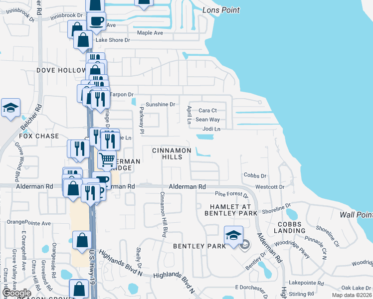 map of restaurants, bars, coffee shops, grocery stores, and more near 3040 Windridge Oaks Drive in Palm Harbor