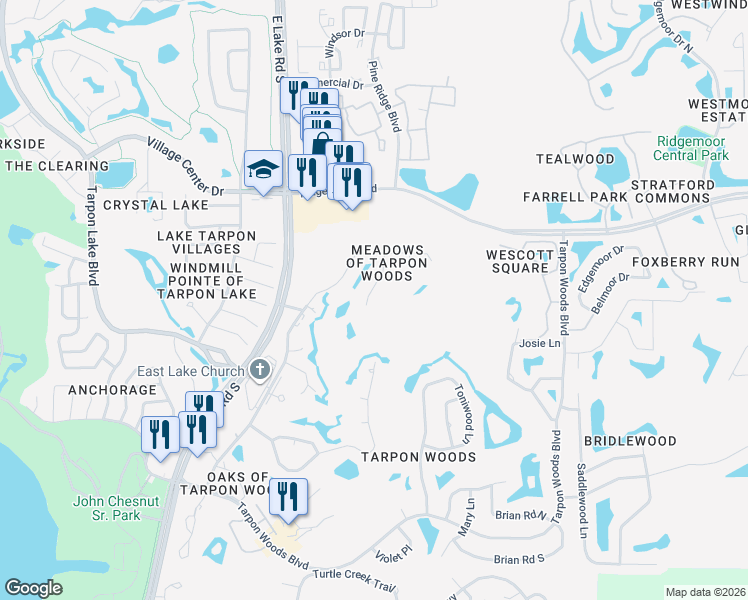 map of restaurants, bars, coffee shops, grocery stores, and more near 3015 Bolt Drive in Palm Harbor