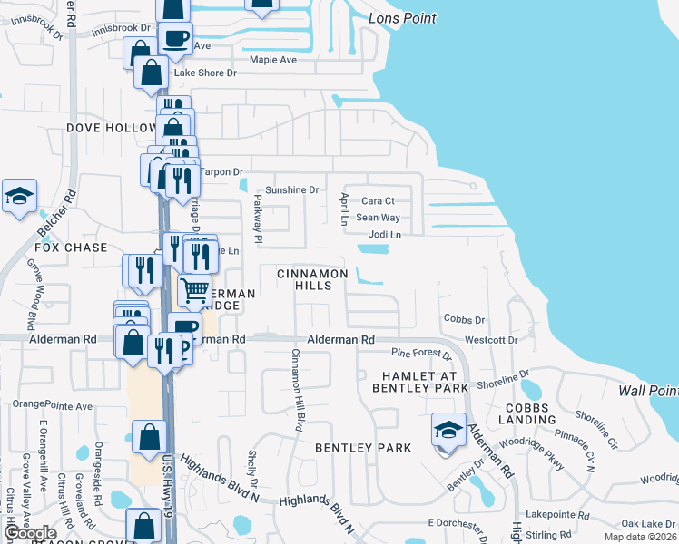 map of restaurants, bars, coffee shops, grocery stores, and more near 3040 Windridge Oaks Drive in Palm Harbor