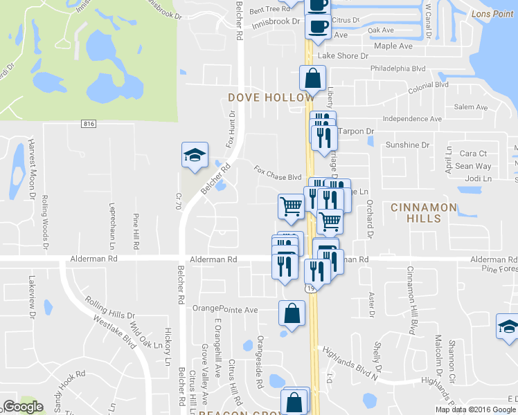 map of restaurants, bars, coffee shops, grocery stores, and more near 2368 Tallyho Lane in Palm Harbor