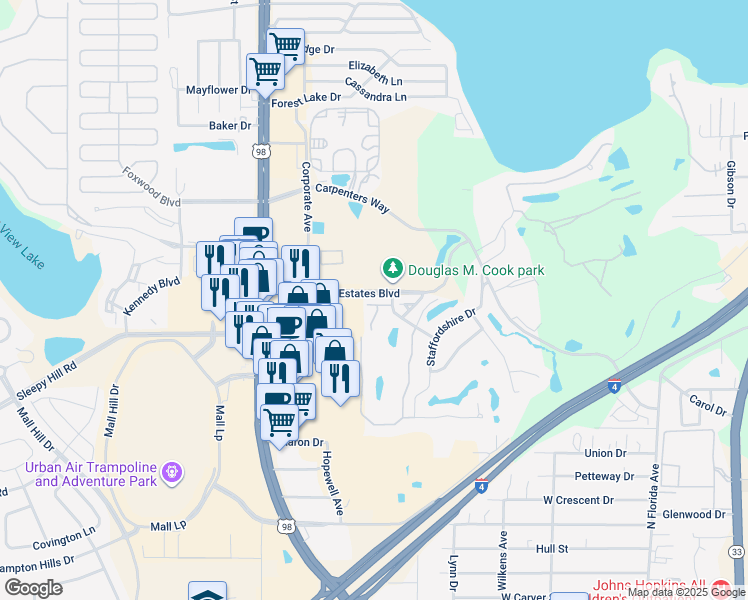 map of restaurants, bars, coffee shops, grocery stores, and more near 999 Wedgewood Estates Boulevard in Lakeland