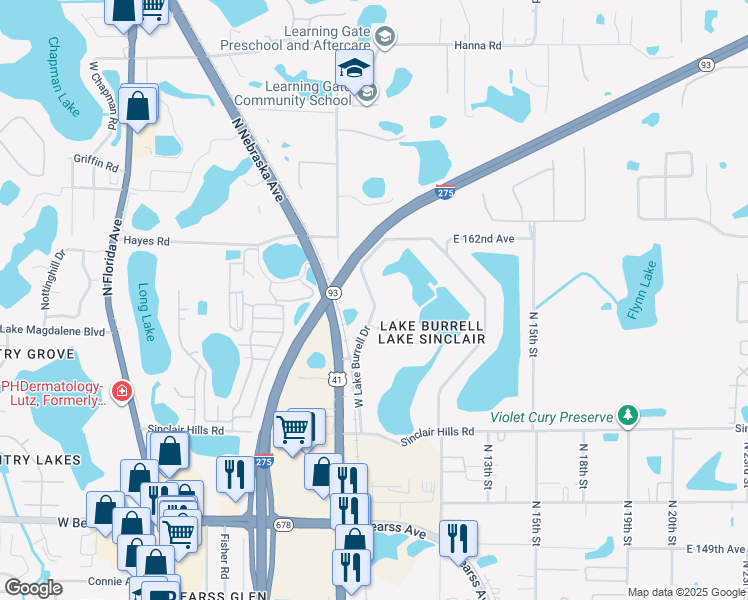 map of restaurants, bars, coffee shops, grocery stores, and more near 16106 West Lake Burrell Drive in Lutz