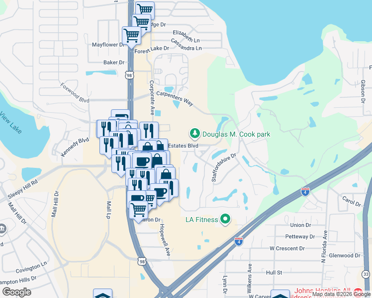 map of restaurants, bars, coffee shops, grocery stores, and more near 940 Fenton Lane in Lakeland