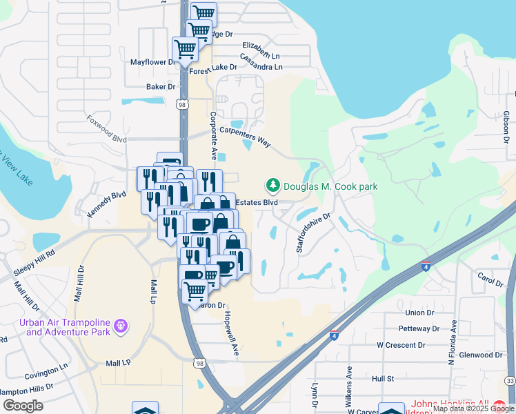 map of restaurants, bars, coffee shops, grocery stores, and more near 940 Fenton Lane in Lakeland