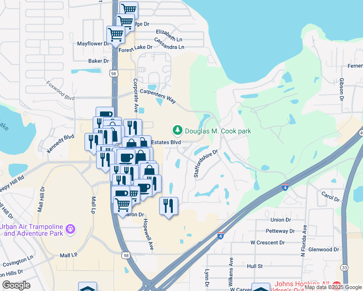 map of restaurants, bars, coffee shops, grocery stores, and more near 925 Fenton Lane in Lakeland