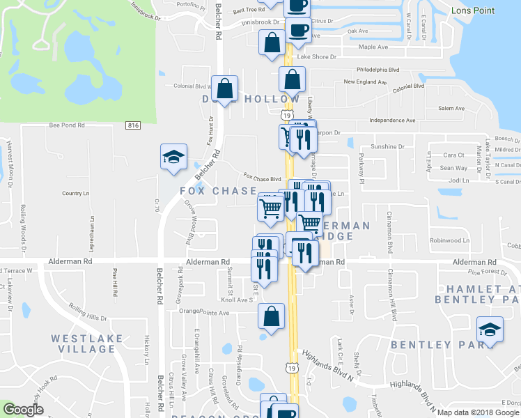 map of restaurants, bars, coffee shops, grocery stores, and more near 2458 Bush Tail Court in Palm Harbor