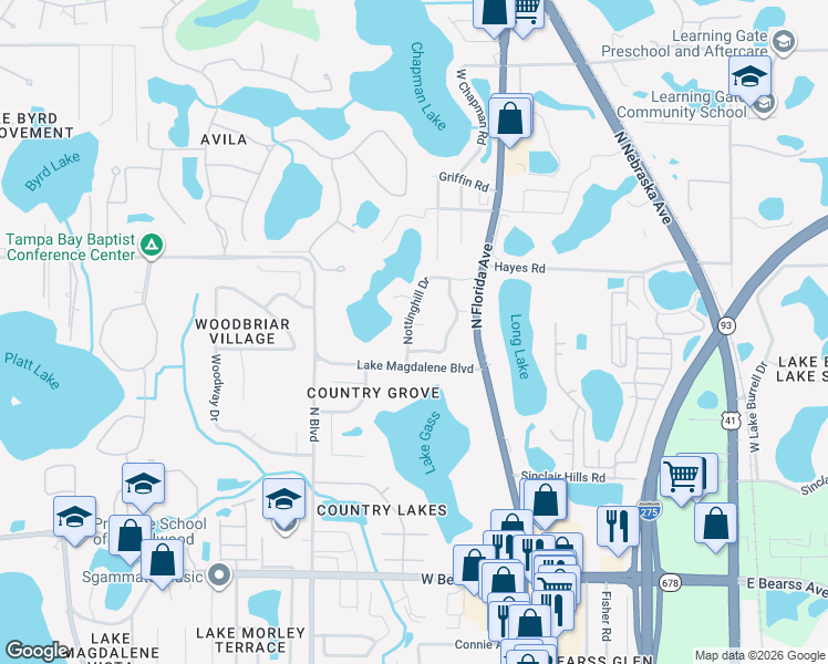 map of restaurants, bars, coffee shops, grocery stores, and more near 506 Cullen Court in Lutz