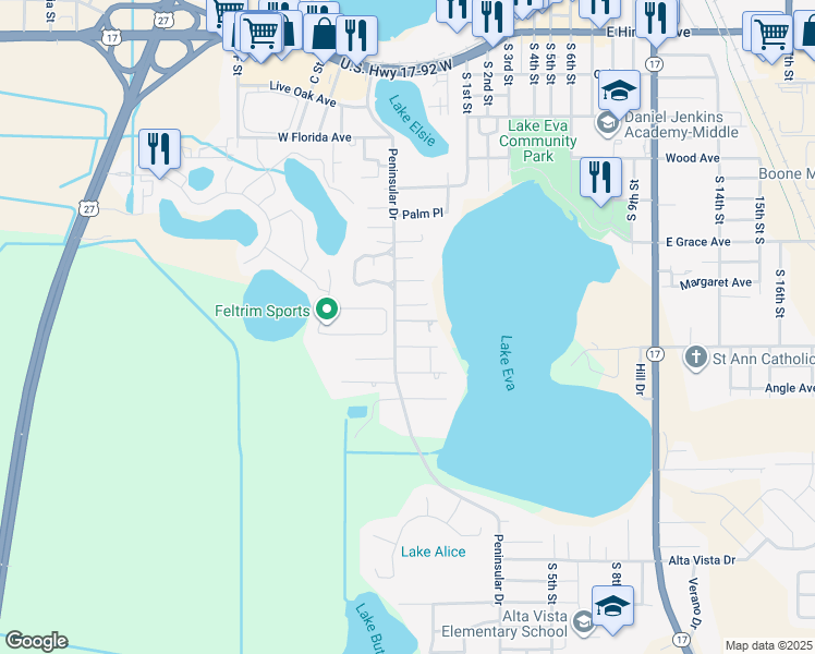 map of restaurants, bars, coffee shops, grocery stores, and more near 133 Flora Drive in Haines City