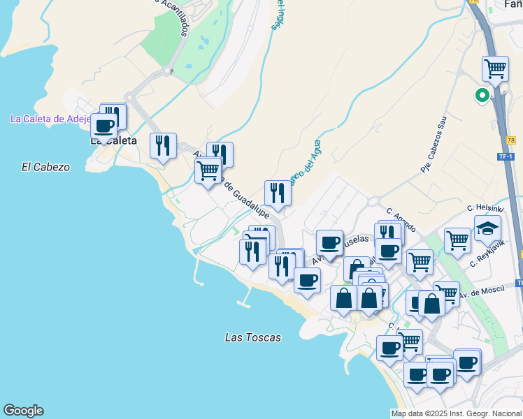 map of restaurants, bars, coffee shops, grocery stores, and more near Avenida Virgen de Guadalupe in Santa Cruz de Tenerife