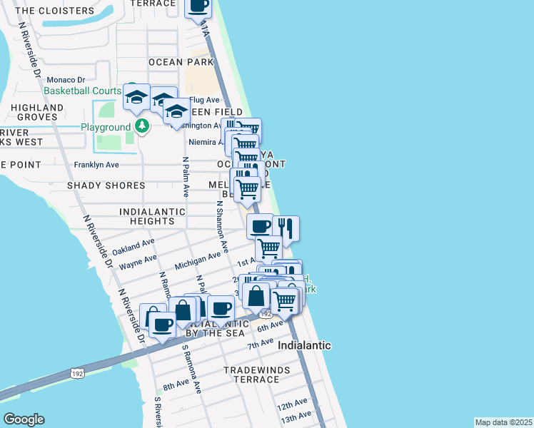 map of restaurants, bars, coffee shops, grocery stores, and more near 735 North Highway A1A in Indialantic