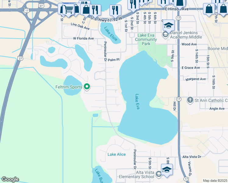 map of restaurants, bars, coffee shops, grocery stores, and more near 133 Flora Drive in Haines City