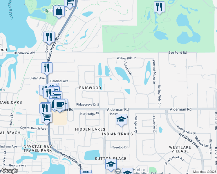 map of restaurants, bars, coffee shops, grocery stores, and more near 1293 Eniswood Parkway in Palm Harbor