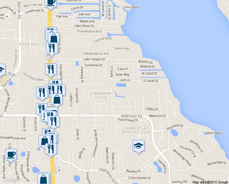 map of restaurants, bars, coffee shops, grocery stores, and more near 3049 Windridge Oaks Drive in Palm Harbor