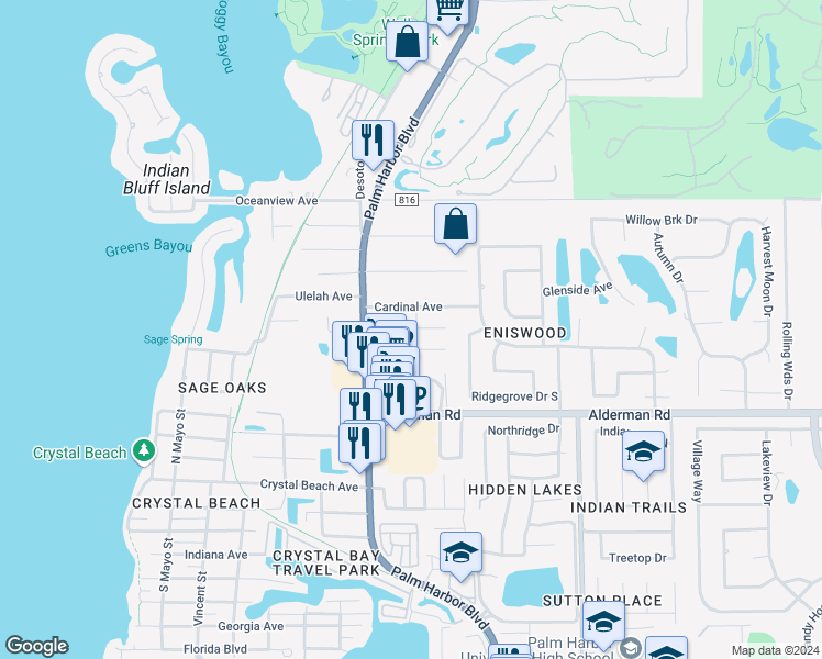 map of restaurants, bars, coffee shops, grocery stores, and more near 3040 Hidden Hills Drive in Palm Harbor