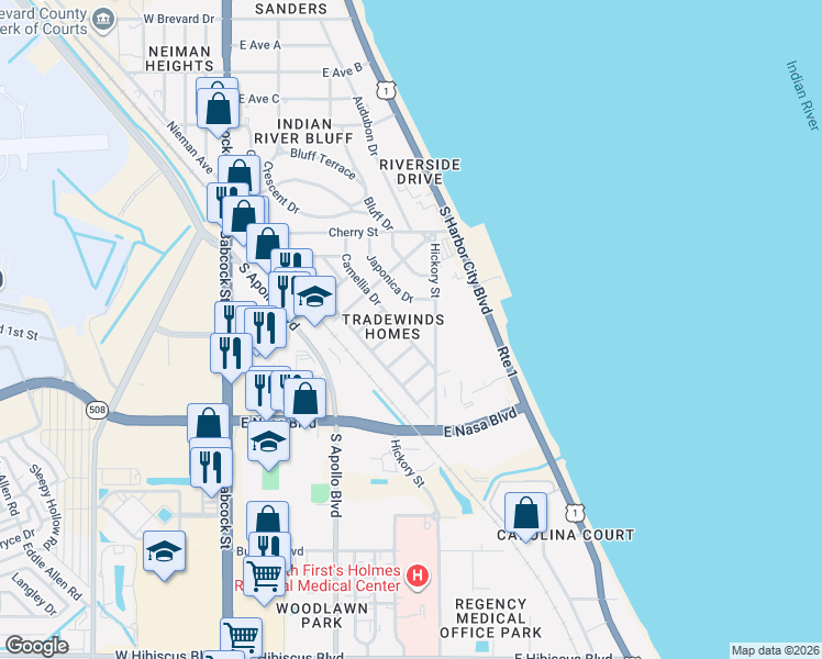 map of restaurants, bars, coffee shops, grocery stores, and more near 825 Camelia Court in Melbourne