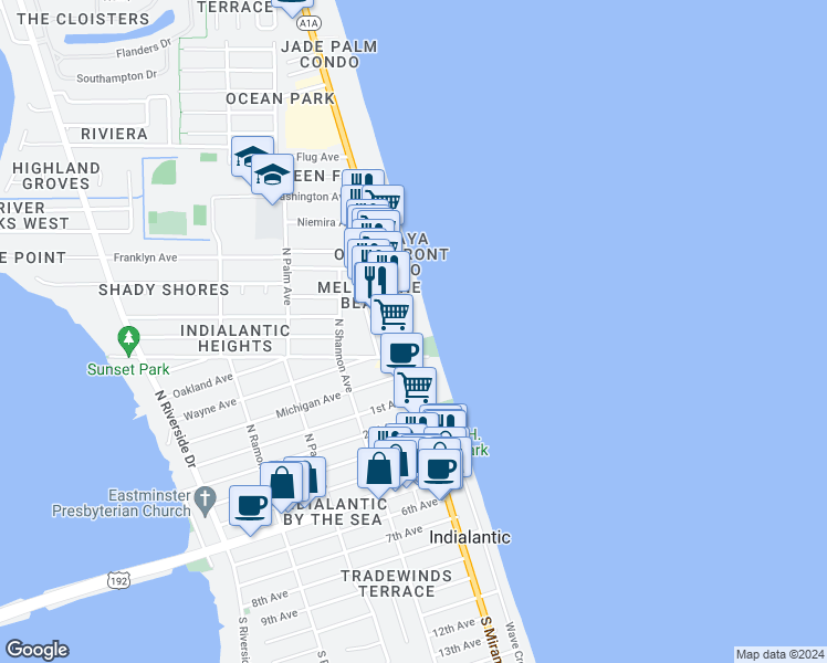 map of restaurants, bars, coffee shops, grocery stores, and more near 735 North Highway A1A in Indialantic