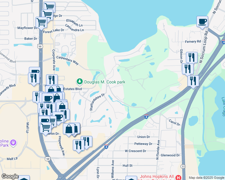 map of restaurants, bars, coffee shops, grocery stores, and more near 707 Carpenters Way in Lakeland