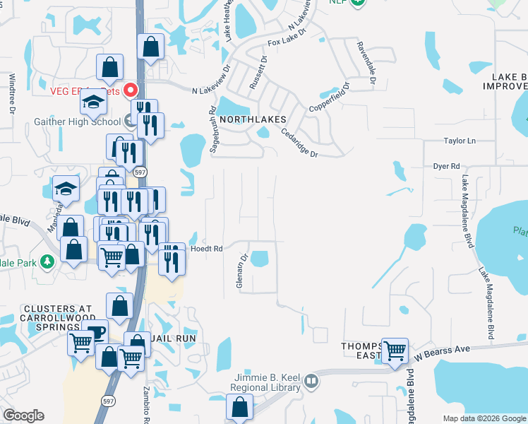 map of restaurants, bars, coffee shops, grocery stores, and more near 15610 Walden Avenue in Tampa