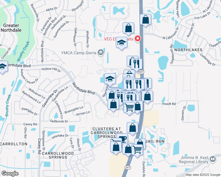 map of restaurants, bars, coffee shops, grocery stores, and more near 15709 Mapledale Boulevard in Tampa