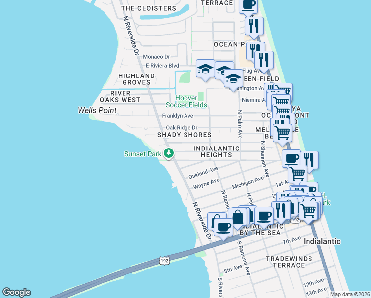 map of restaurants, bars, coffee shops, grocery stores, and more near 550 Bahama Drive in Indialantic