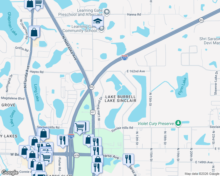 map of restaurants, bars, coffee shops, grocery stores, and more near 15917 West Lake Burrell Drive in Lutz