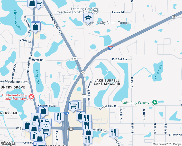 map of restaurants, bars, coffee shops, grocery stores, and more near 16106 West Lake Burrell Drive in Lutz