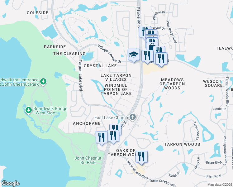 map of restaurants, bars, coffee shops, grocery stores, and more near 2655 Woodhall Terrace in Palm Harbor