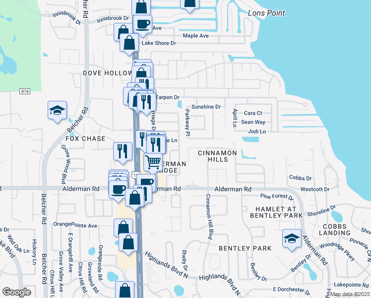 map of restaurants, bars, coffee shops, grocery stores, and more near 3008 Sugar Bear Trail in Palm Harbor