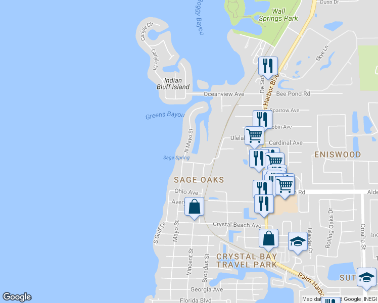 map of restaurants, bars, coffee shops, grocery stores, and more near 606 Mayo Street in Palm Harbor