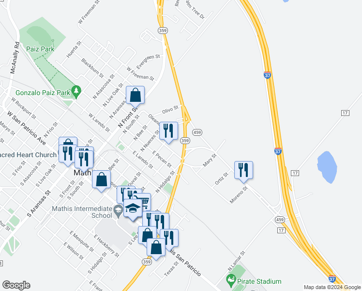 map of restaurants, bars, coffee shops, grocery stores, and more near 505 Texas 359 in Mathis