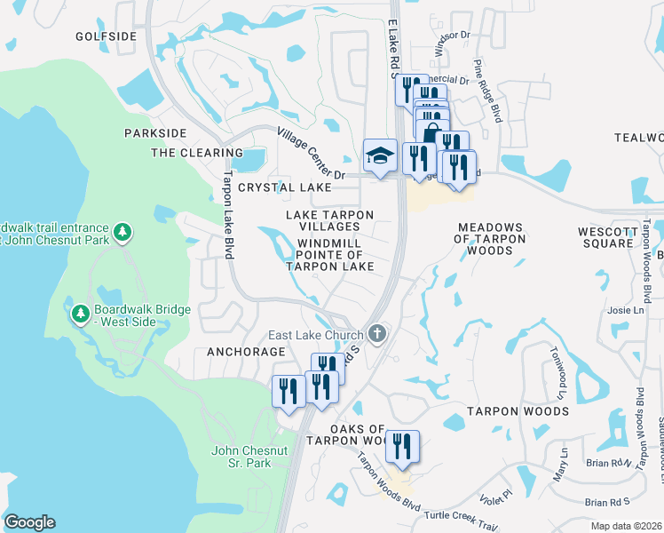 map of restaurants, bars, coffee shops, grocery stores, and more near 2655 Woodhall Terrace in Palm Harbor
