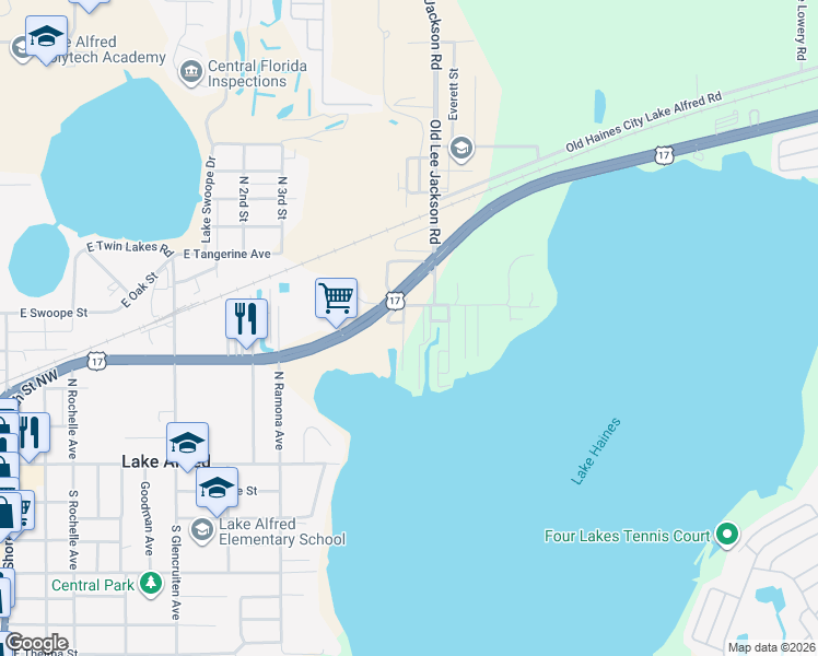 map of restaurants, bars, coffee shops, grocery stores, and more near 112 Walnut Lane in Lake Alfred