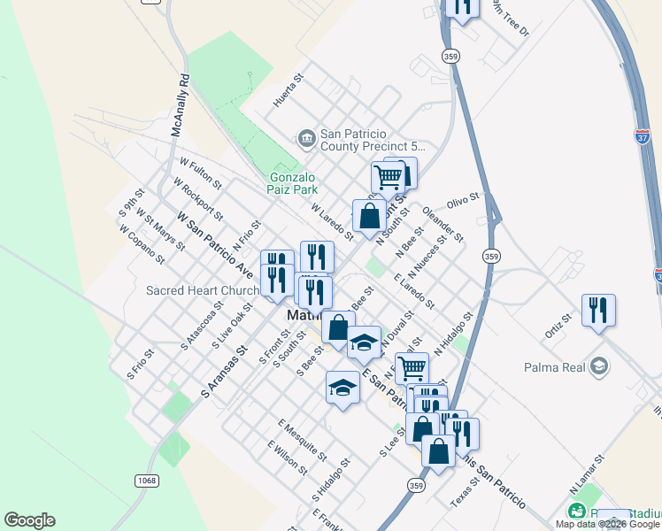 map of restaurants, bars, coffee shops, grocery stores, and more near 106 West Fulton Street in Mathis