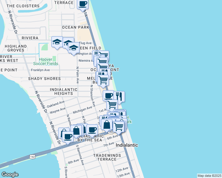 map of restaurants, bars, coffee shops, grocery stores, and more near 737 Highway A1A in Indialantic