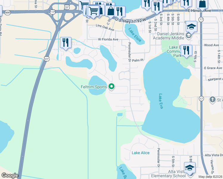 map of restaurants, bars, coffee shops, grocery stores, and more near 204 Macaulay's Cove in Haines City