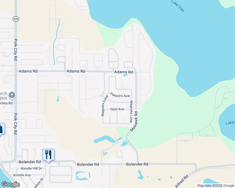 map of restaurants, bars, coffee shops, grocery stores, and more near 453 Palastro Avenue in Auburndale