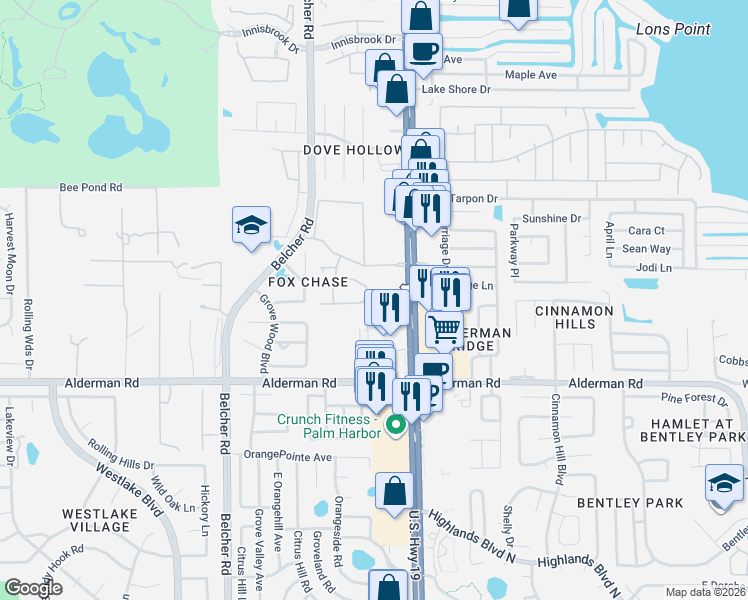map of restaurants, bars, coffee shops, grocery stores, and more near 2458 Bush Tail Court in Palm Harbor