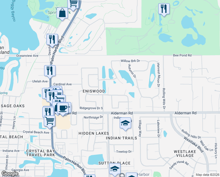 map of restaurants, bars, coffee shops, grocery stores, and more near 1293 Eniswood Parkway in Palm Harbor
