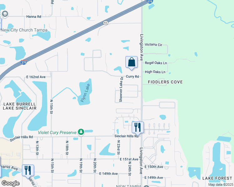 map of restaurants, bars, coffee shops, grocery stores, and more near 15910 Shawver Lake Drive in Lutz